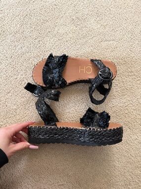Woven Black Platform Sandals with Braided Raffia Straps